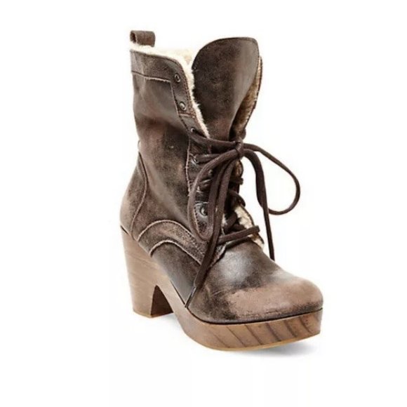 Freebird By Steven Shoes - FREEBIRD BY STEVEN  Fiona Fur Lined Platform Brown Leather Clog Boot SZ 7  EU 37
